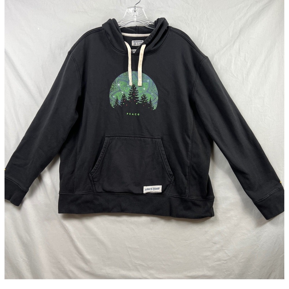 Life is Good Hoodie Womens XL Pullover Black Peace Forest Holiday Cotton